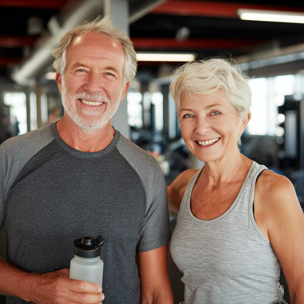 Mature adults showing fitness transformation results and healthy lifestyle achievements