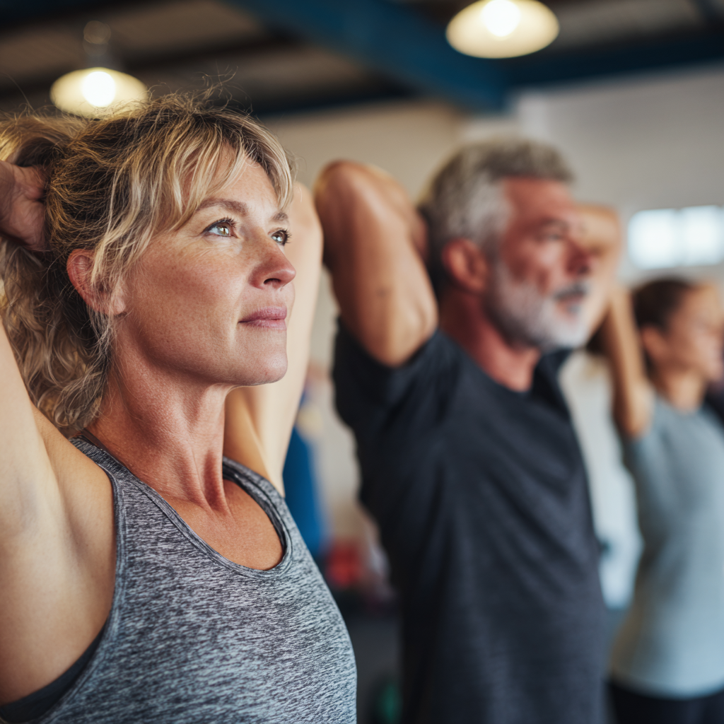 Middle-aged adults participating in structured fitness training session
